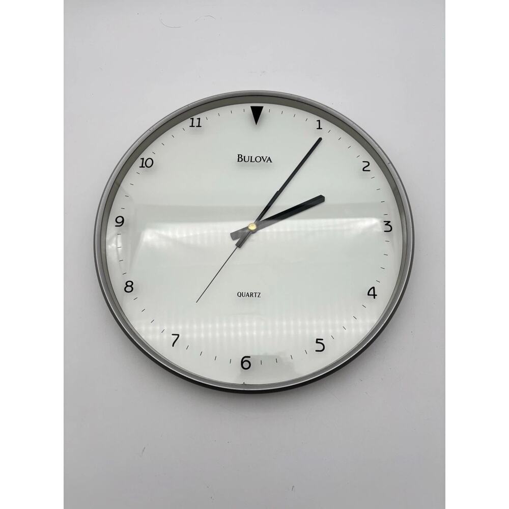 Bulova Quartz White Wall Clock 12”x 12”. Tested Works. Very Good Condition.